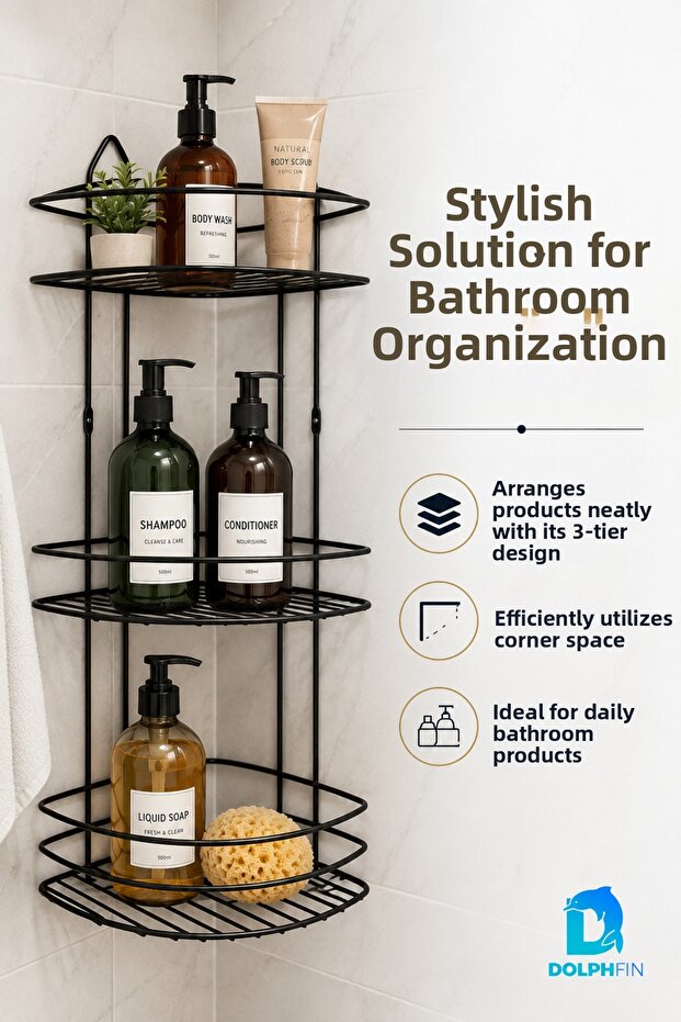 3-Tier Black Bathroom Shower Shelf Metal Corner Shampoo Holder Soap Dish Bathroom Organizer Shelf