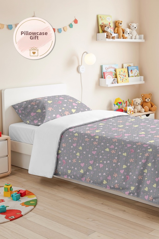 Gray Heart and Bird Girl's Pique Set - Pastel Floral Pink Baby Room Bedspread - 160X220 cm