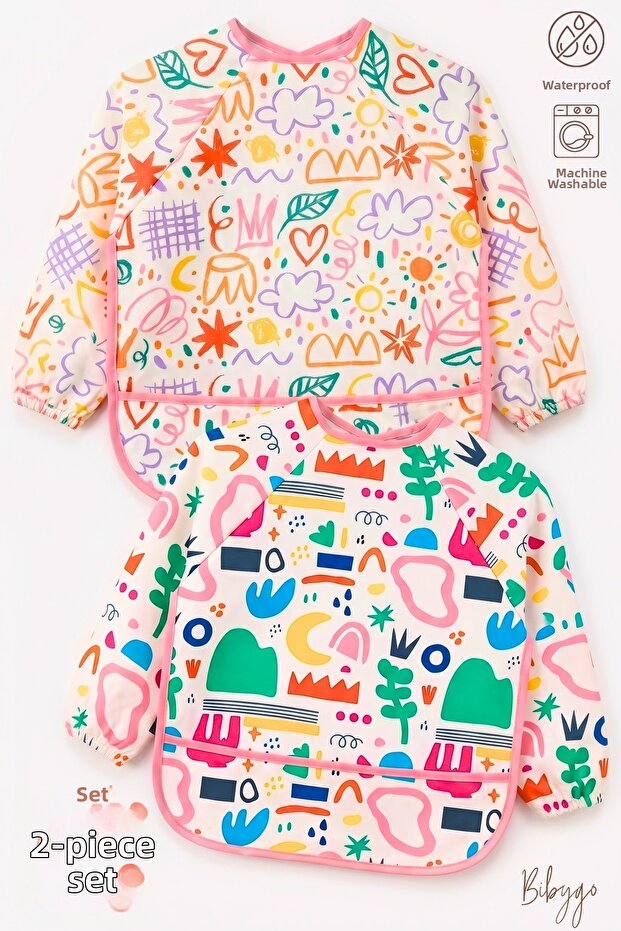 2-Piece Long Sleeve Wearable Mihra-Melin Pattern Liquid-Proof Activity and Feeding Bib 6-24 Months