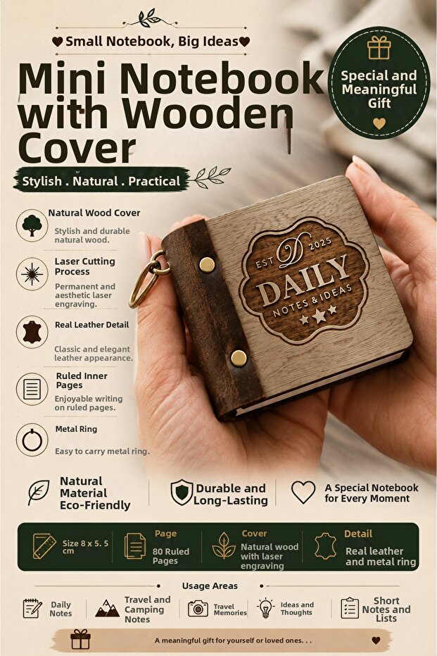 🌿 Mini Notepad with Wooden Cover, Daily Notes & Ideas, Leather Detailed Gift