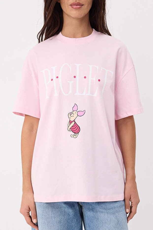 Açık Pembe Piglet Lisanslı Relaxed/Rahat Kalıp %100 Pamuk Örme T-Shirt TWOSS26TS00141 - 3