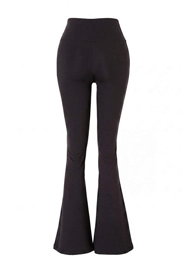 Siyah Fırçalı Soft Kumaş Flare/İspanyol Paça Örme Spor Tayt THMSS26TY00016 - 6