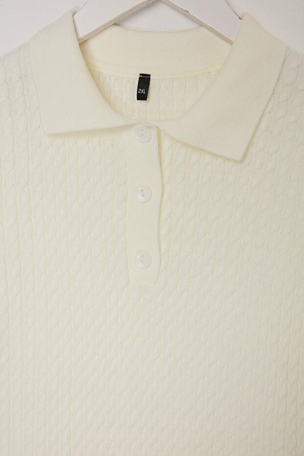 Ekru Saç Örgülü Polo Yaka İnce Yazlık Triko Bluz TBBSS26AF00201 - 6