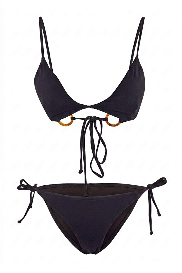 Siyah Üçgen Kaplı Aksesuar Detaylı Normal Bel Regular Bikini Takımı TBESS26BT00179 - 4