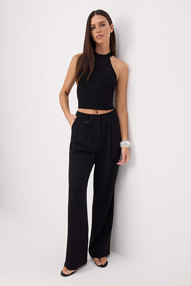 Siyah Özel Koleksiyon Dökümlü Wide Leg/Geniş Paça Kumaş Pantolon TWOSS26PL00054 - 2