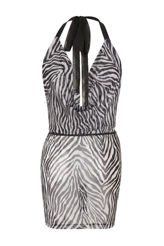 Zebra Desenli Örme Süper Mini Sırt Dekolteli Mesh Plaj Elbise TBESS26EL00082 - 7