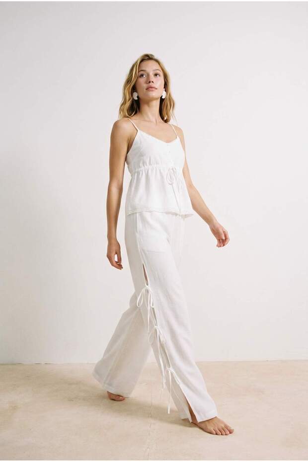 Ekru Dokuma Maxi Plaj Bluz Pantolon Takım TBESS26AU00086 - 3