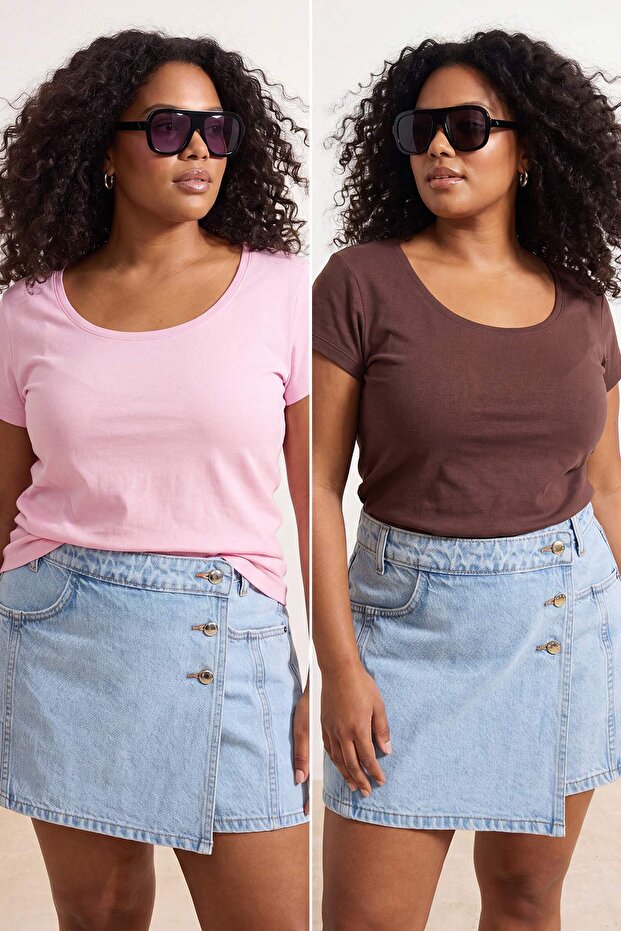 Pembe-Kahverengi 2'li Paket Soft Basic Örme Büyük Beden Bluz TBBSS26AF00106 - 1