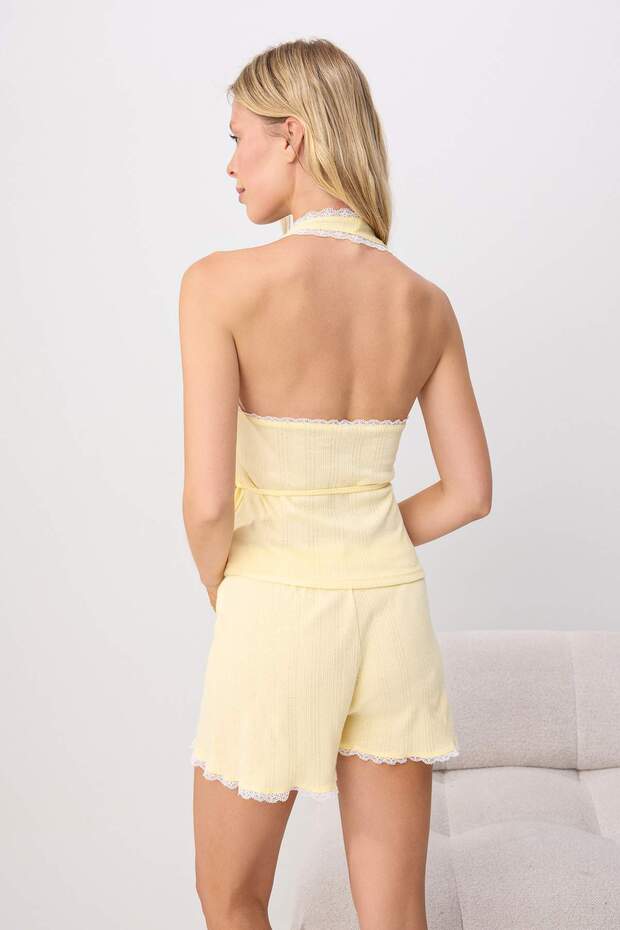 Sarı %100 Pamuk Dantel Detaylı Pointel Örme Pijama Takımı THMSS26PT00252 - 4