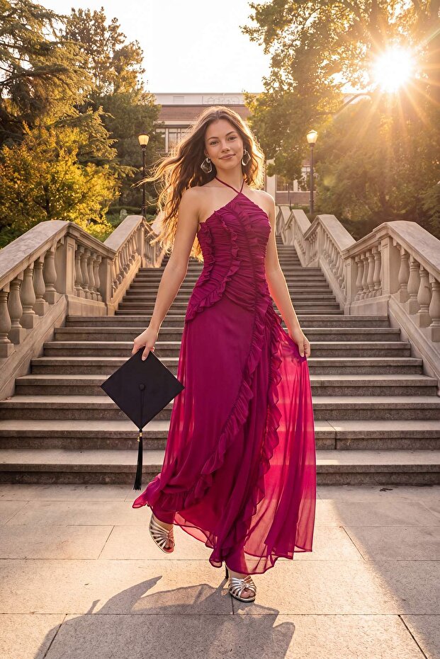 Prom Mürdüm Fırfırlı Tül Astarlı Maxi Abiye & Mezuniyet Elbisesi TPRSS26AE00134 - 1