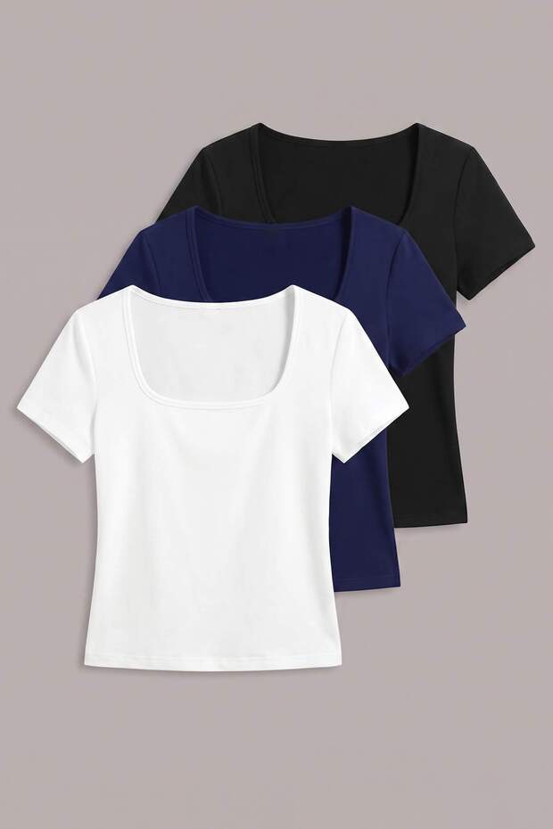 Siyah-Beyaz-Lacivert Düz Fitted Kare Yaka Standart Kol Kısa Esnek Örme Bluz TWOSS26BZ01056 - 1