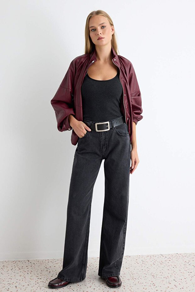 Antrasit Yüksek Bel Wide Leg Geniş Paça %100 Pamuk Non-Stretch Jeans TWOAW24JE00089 - 1