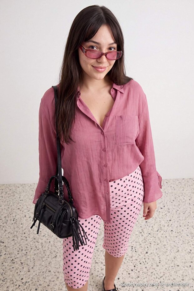 Pembe Oversize Modal Balon Transparan Büyük Beden Gömlek TBBAW27AX00012