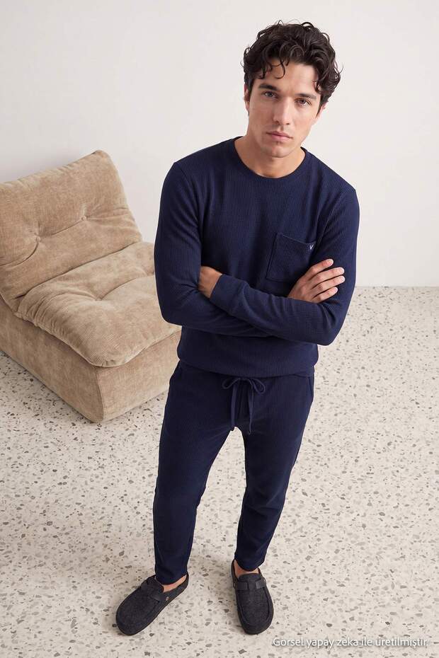 Navy Blue Regular Fit Pocket and Label Detailed Waffle Textured Knitted Pajama Set Tmnaw27Pt00025