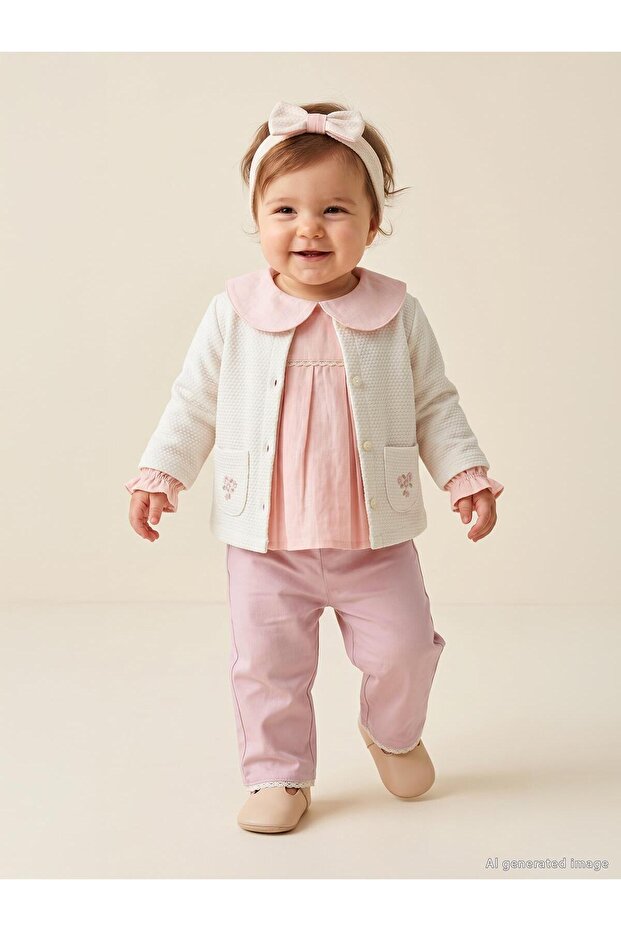 Luxury Textile Baby Collar Cardigan 3-Piece Set 6-18 Months - Powder