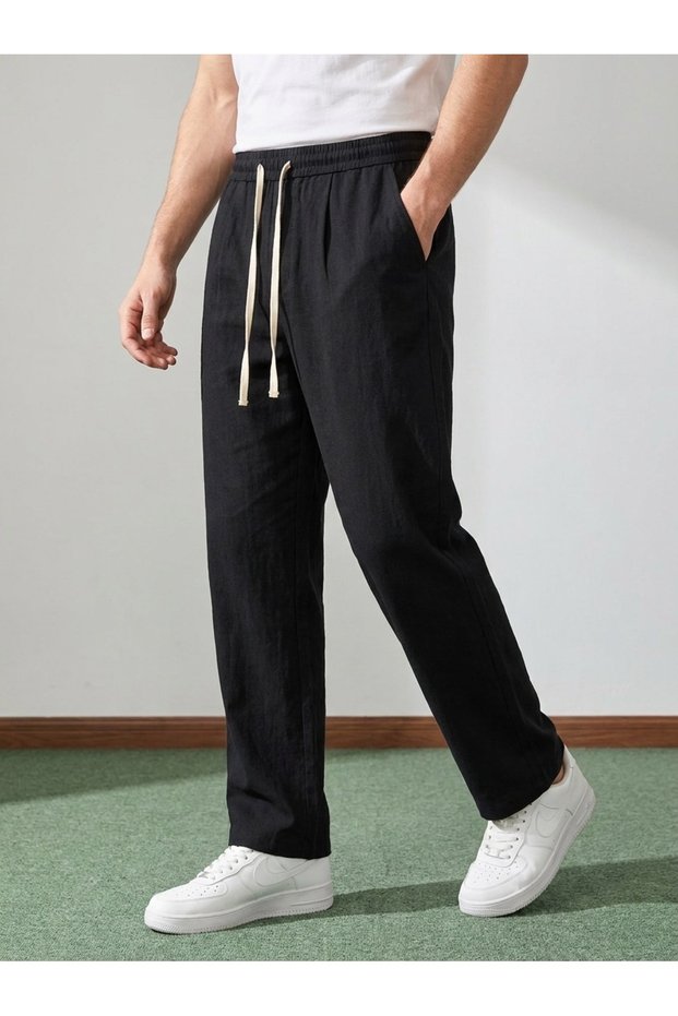 Men's Baggy Fit Elastic Waist 100% Cotton Linen Look Trousers Black 1007Dngr