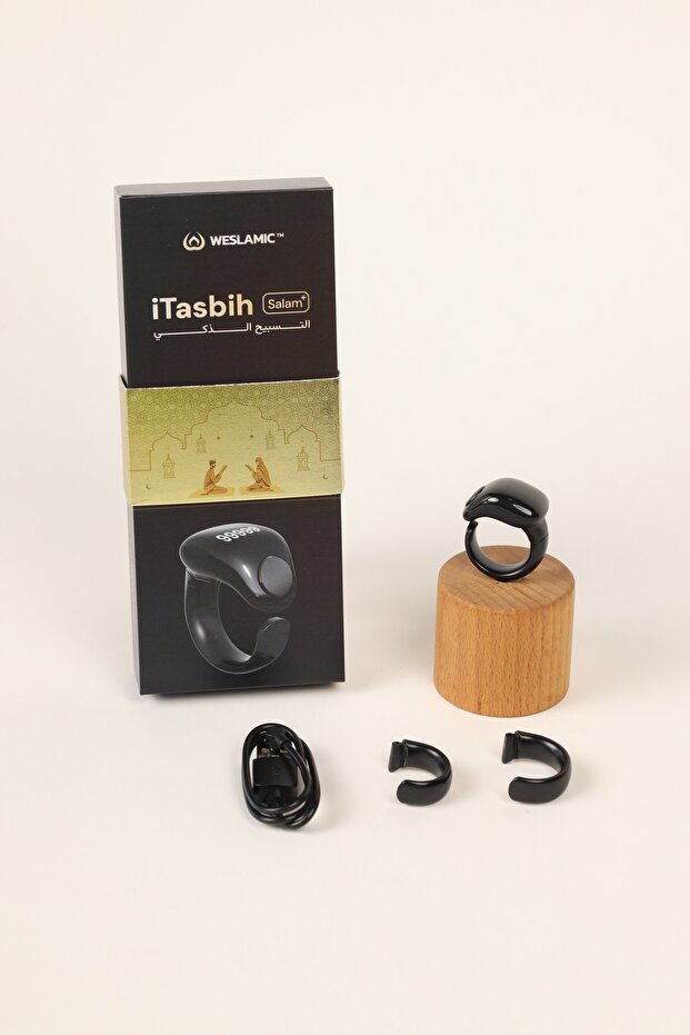 Smart Chanting Ring - Rosary Ring - Qibla Finder and Prayer Reminder Ring - 2 Sizes Black