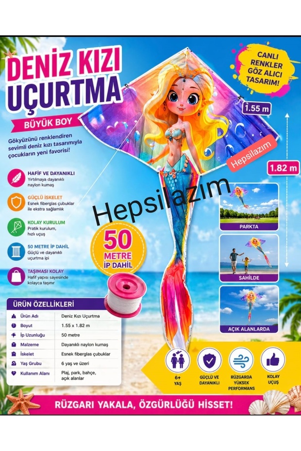 Mermaid Sea Girl Kite Princess Patterned Large Easy Flight 155X182Cm Girl's Kite