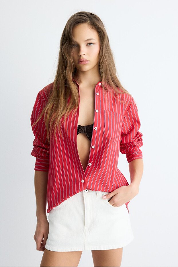 Basic çizgili poplin cepli gömlek - 1