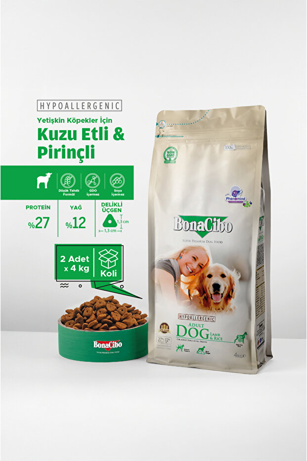 BonaCibo Adult Dog Lamb & Rice Kuzu Etli Ve Pirinçli Yetişkin Köpek Maması 4 Kg X 2 Paket