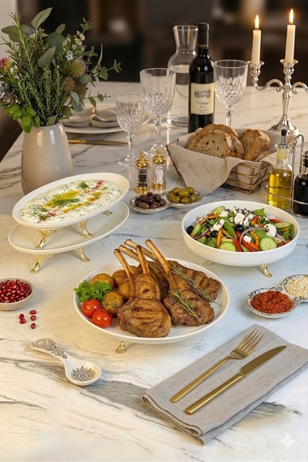 4 Piece Porcelain Presentation Set & Metal Leg Bowl Boat Plate Serving Set