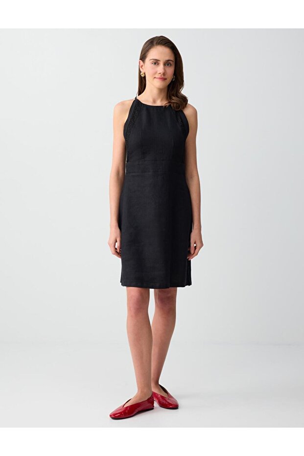 Black 100% Linen Halter Neck Sleeveless Mini Dress