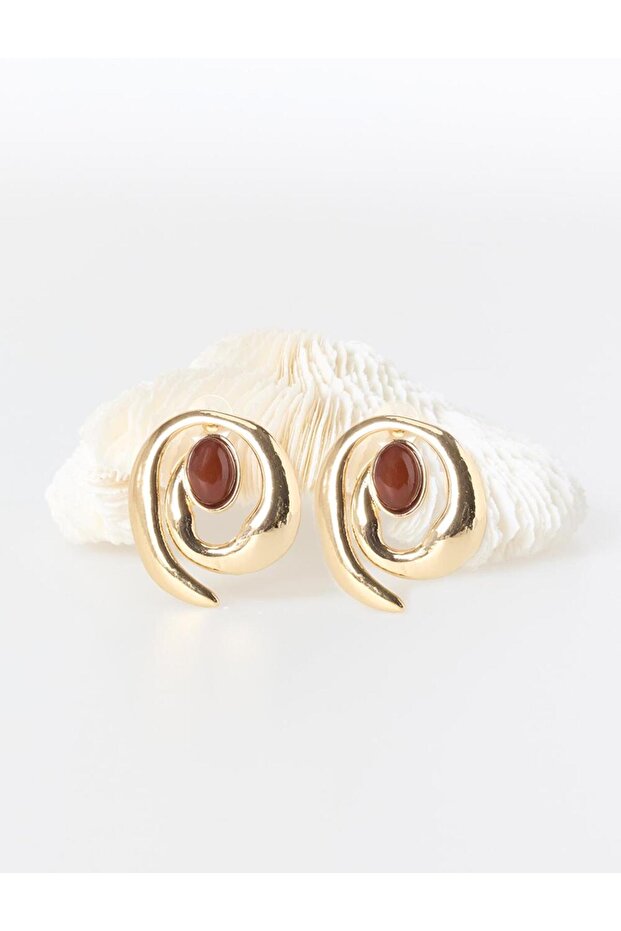 Gold Color Spiral Figured Big Stone Earrings