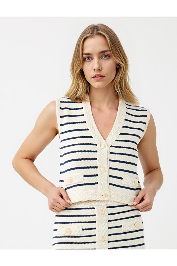 Ecru V-Neck Striped Patterned Buttoned Knitwear Sweater