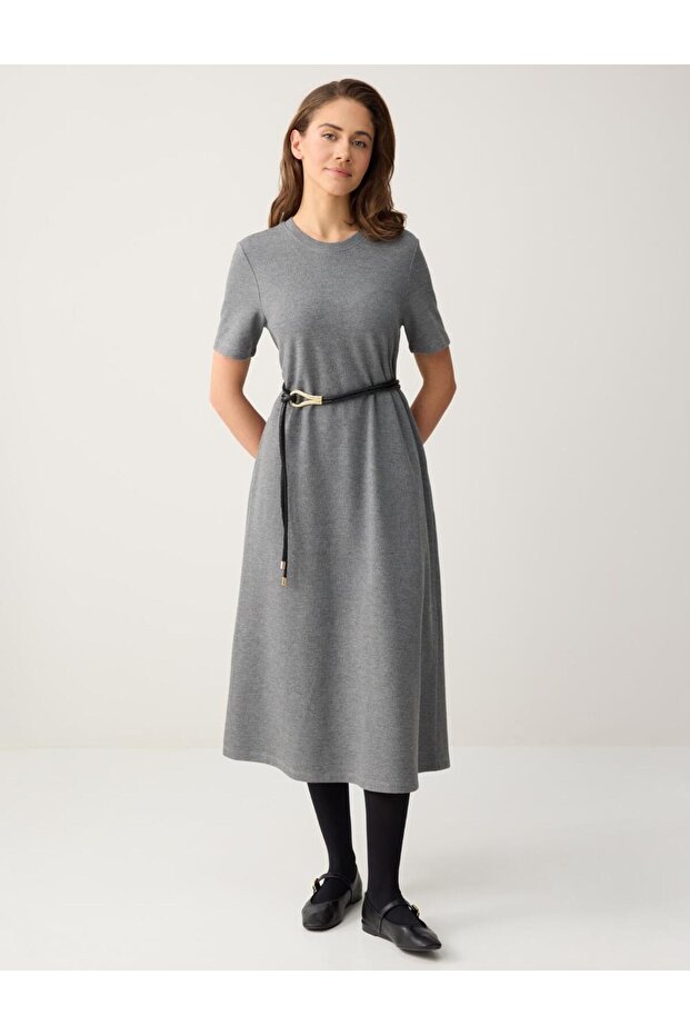 Gray Melange Relaxed Fit Short Sleeve Crew Neck Midi Knitted Dress
