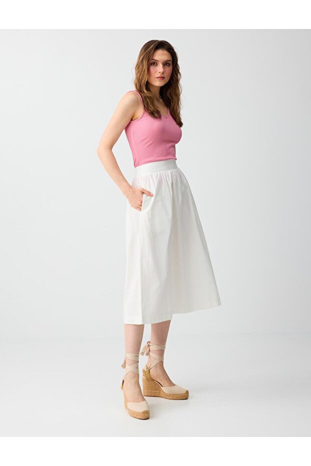 Off-White 100% Cotton Regular Waist Relaxed Fit Midi Skirt