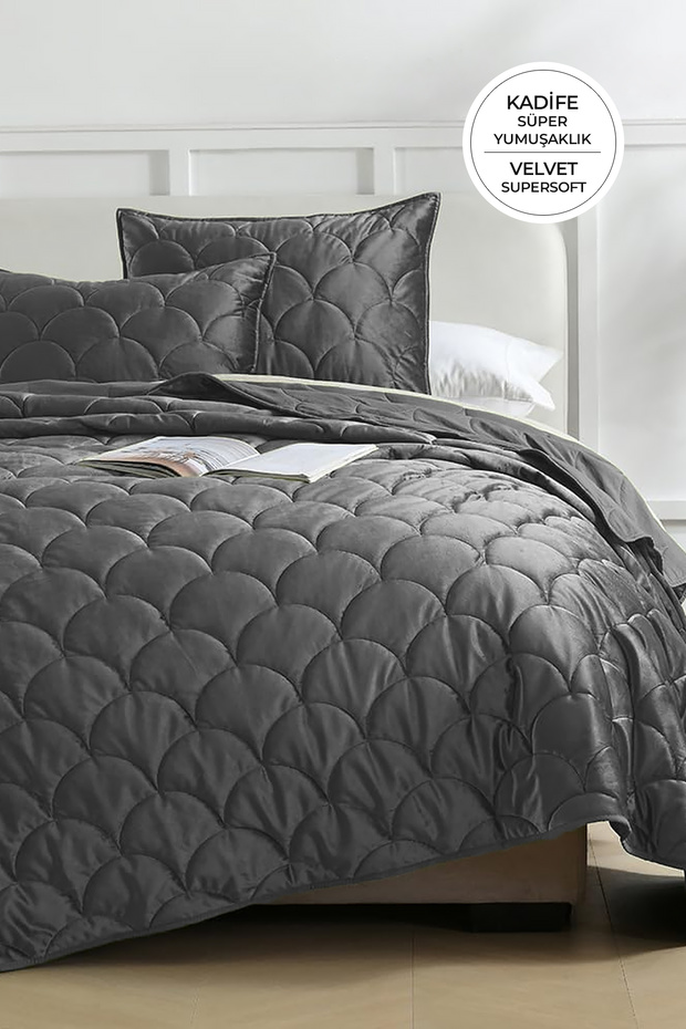 Quilted Velvet Bedspread Set Single Shane Supersoft 2 Piece Soft Fiber Filled Anthracite