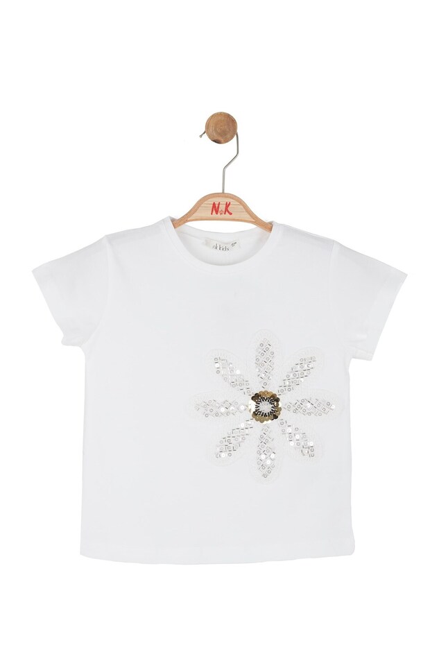 Nk girl's short sleeve basic t-shirt with beaded detail, ages 4-8, ecru