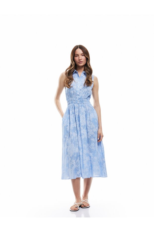 Buttoned Smocked Detail Sleeveless Shirt Collar Midi Viscose Floral Dress
