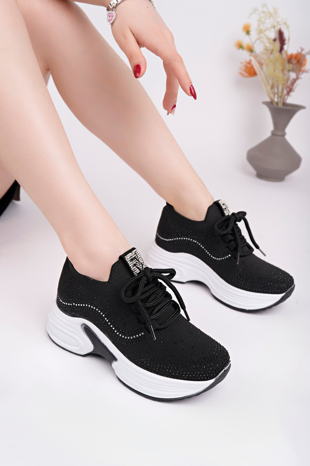 Women's Black Hidden Heel Stone Comfortable High Sole Knitwear Sneaker Shoes