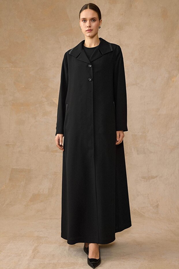 Satin and Small Stone Detailed Lined Plus Size Overcoat Black 6810