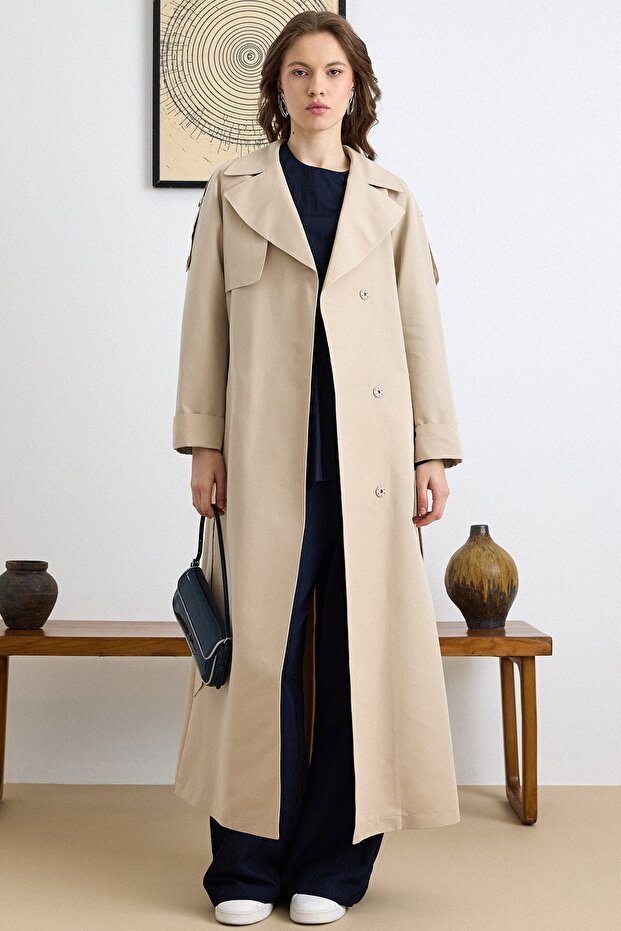 Unlined Long Trench Coat with Epaulet and Cape Detail Stone 6808