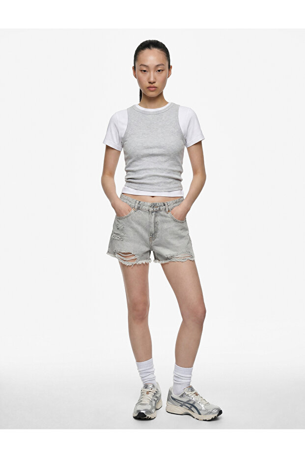 Cotton Comfortable Fit Mini Denim Shorts with Frayed Detail