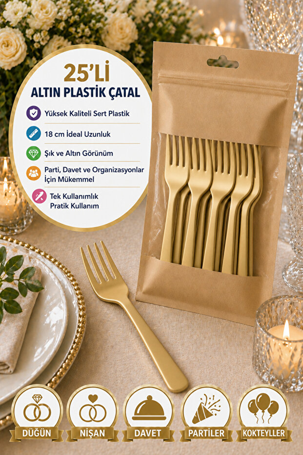 25-Piece Gold Plastic Forks 18 cm Hard Disposable