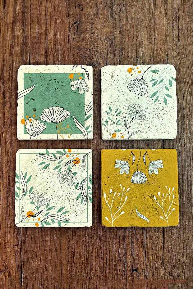 Natural Stone Coasters Flower Themed Printed 10x10cm Stone Coasters Set of 4