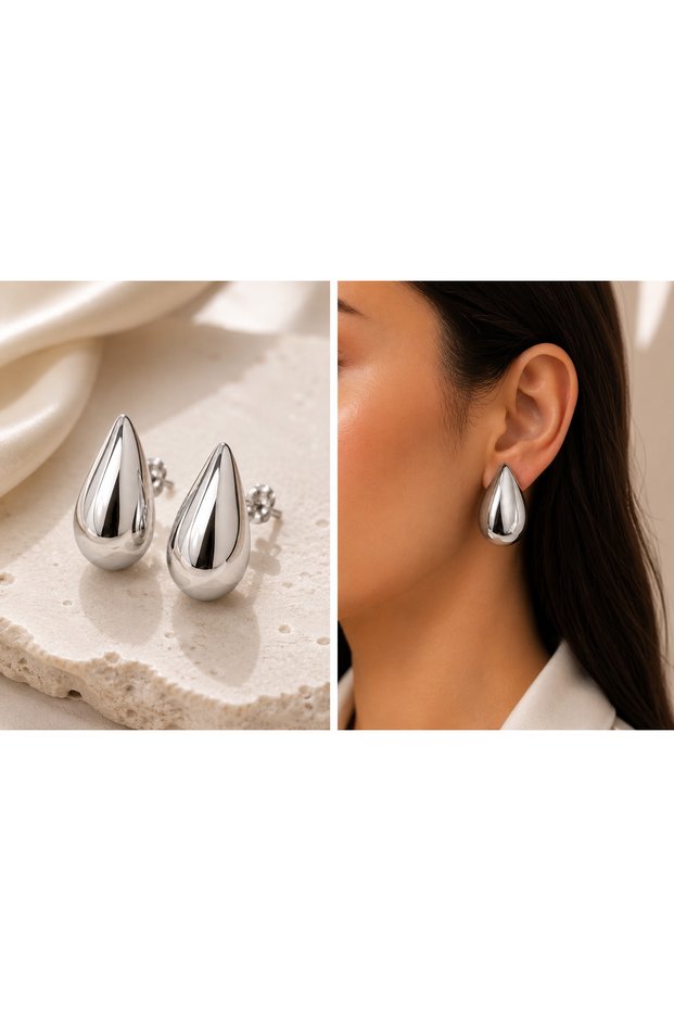 Damla Form Earrings – Silver Color Stylish Women's Earrings