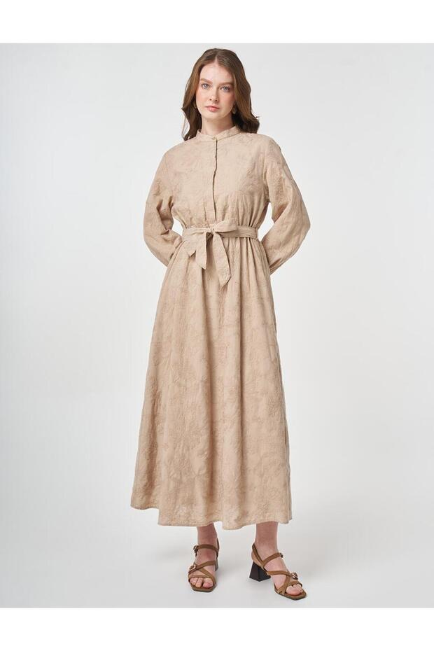 100% Cotton Embroidered Dress Beige