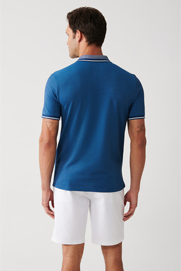 Erkek İndigo Yakası Çizgili Cepli Polo Yaka T-shirt E001031 - 4
