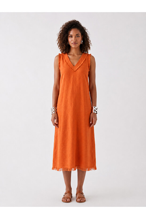 Women's Orange V-Neck Viscose Dress