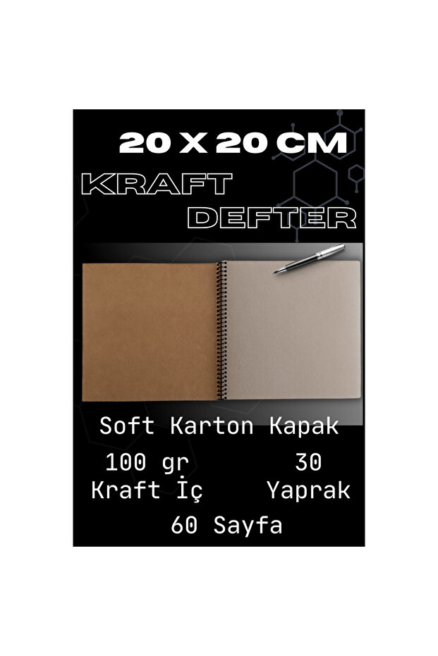 Kraft Kapak Defter 20x20 cm – 30 Yaprak 60 Sayfa, 100 Gr Kraft İç, Scrapbook, Eskiz Defteri - 1