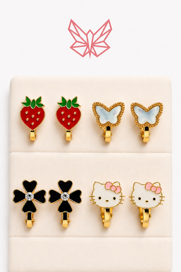 Economical Package Non-Perforated Earrings Bow Heart Flower Hello Kity Clover Cherry Design Compression Earrings