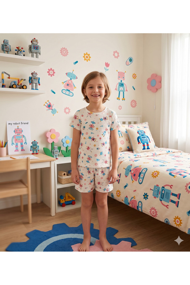 Girl's Cotton Ribbed Robot Patterned White Short Sleeve Shorts Summer Pajamas Set