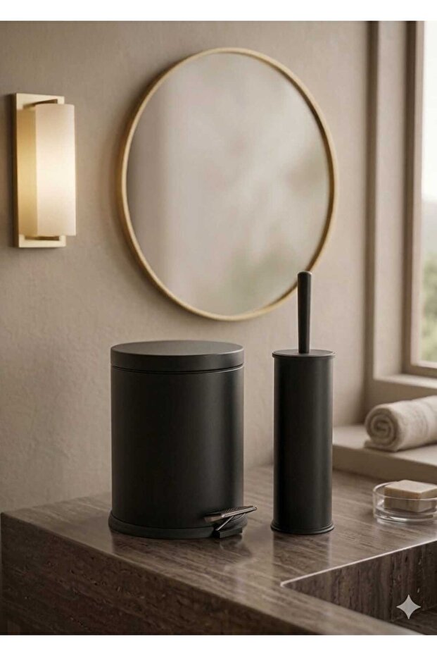 System Cleaning Elegant Bathroom Set Black 2 Pieces / Trash Can And Brush Holder Set / Black Bathroom Set