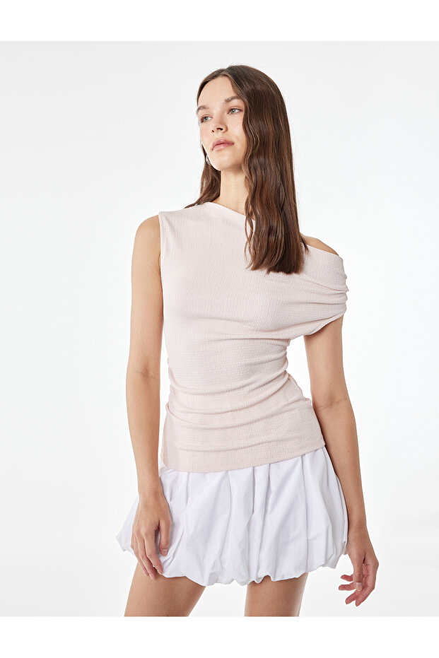 Slim Fit Asymmetrical Collar Sleeveless Draped Blouse