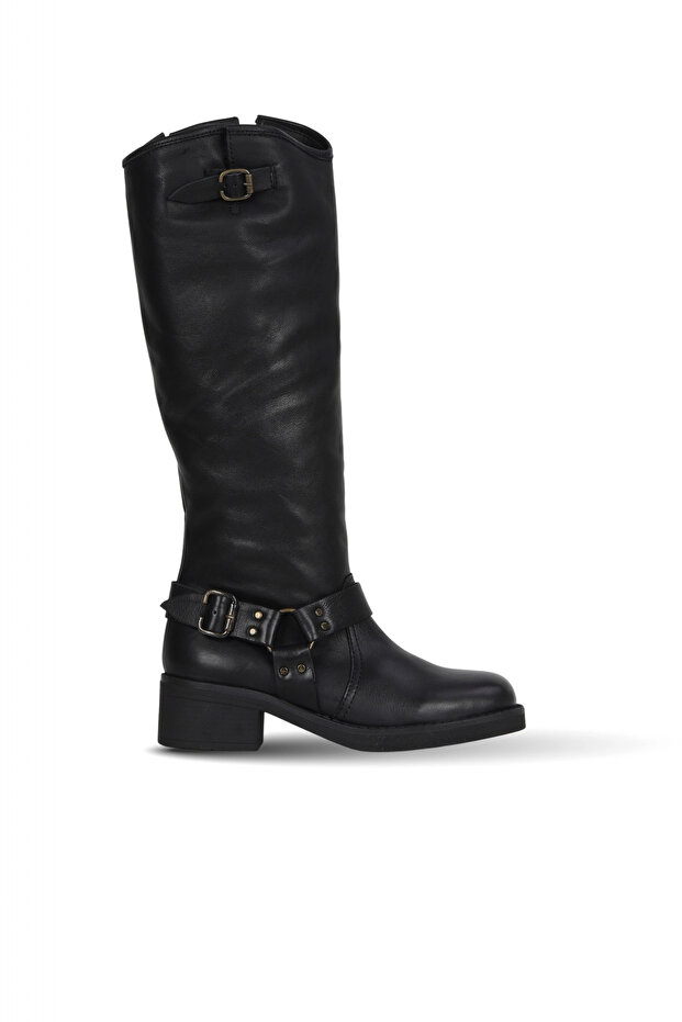 Black Leather Women's Heeled Boots 01Wf1101