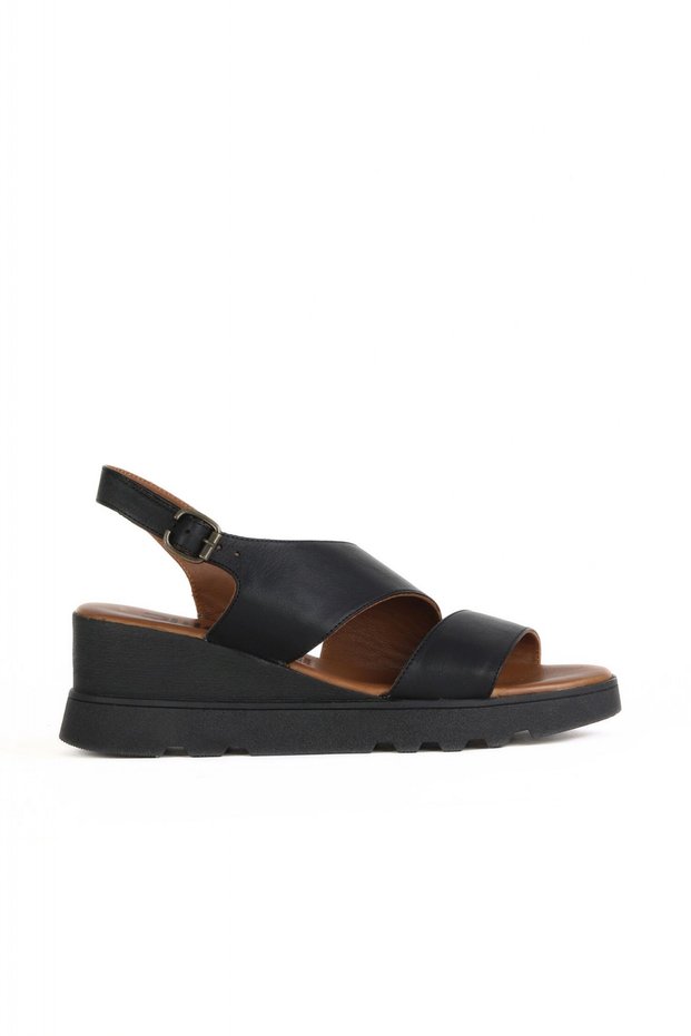 Black Khv Leather Women's Wedge Heeled Sandals 01Wy8602